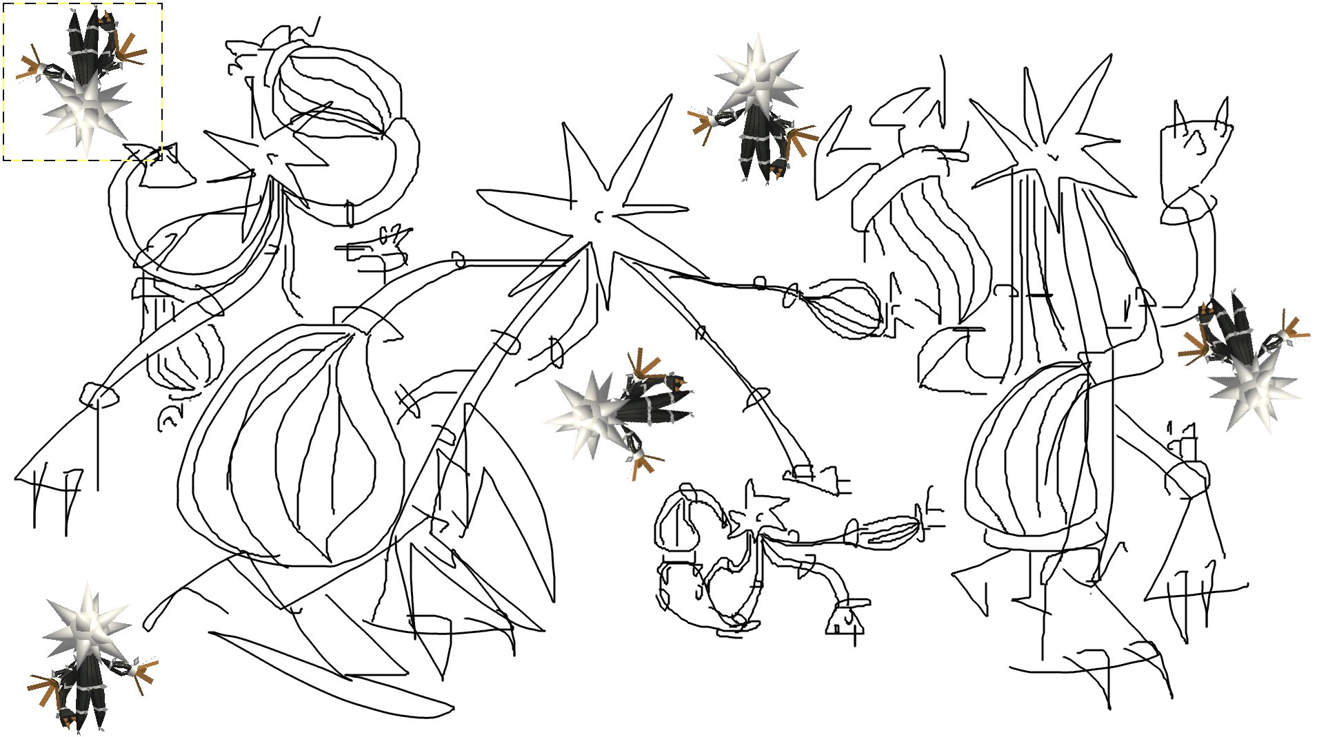 multiple rough doodles of xurkitree